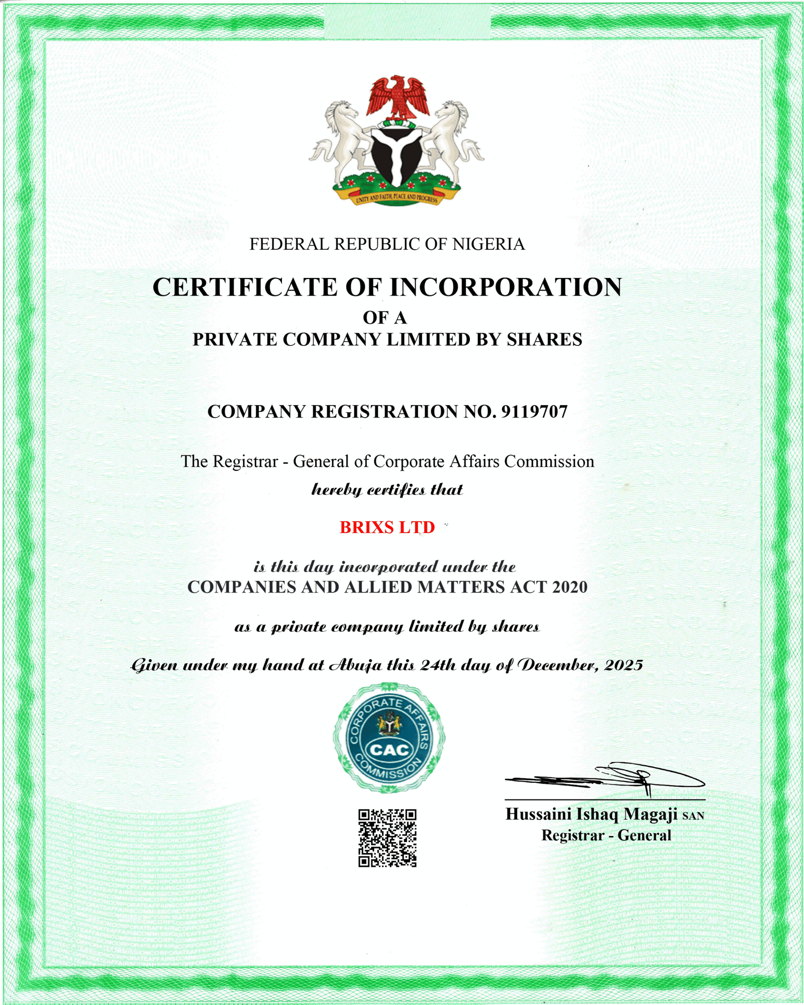 certificate brixs ltd